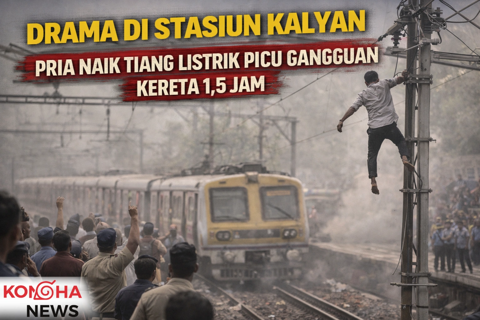 DRAMA DI STASIUN KALYAN, PRIA NAIK TIANG LISTRIK PICU GANGGUAN KERETA 1,5 JAM