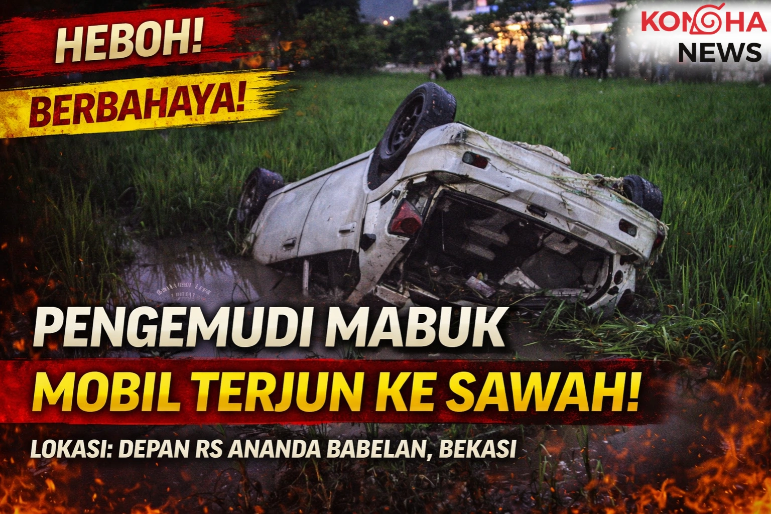 PENGEMUDI DIDUGA MABUK, MOBIL TERJUN KE SAWAH DI BEKASI