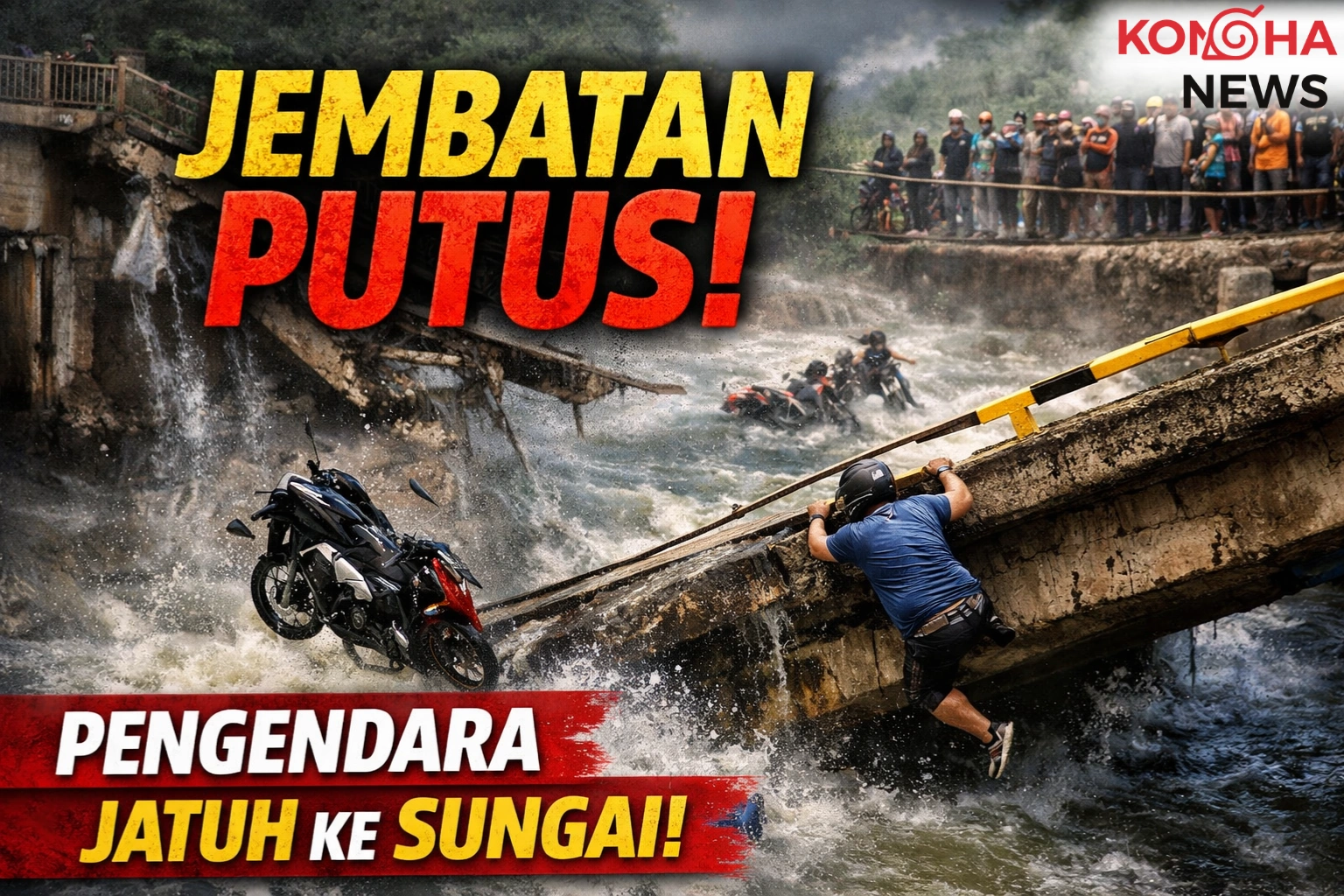 JEMBATAN PUTUS DI TEGAL BULEUD, SEJUMLAH PENGENDARA DIDUGA TERJATUH KE SUNGAI