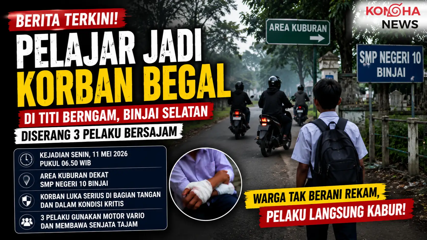Pelajar Jadi Korban Dugaan Begal Brutal di Binjai Selatan, Diserang Tiga Pelaku Bersajam Saat Berangkat Sekolah