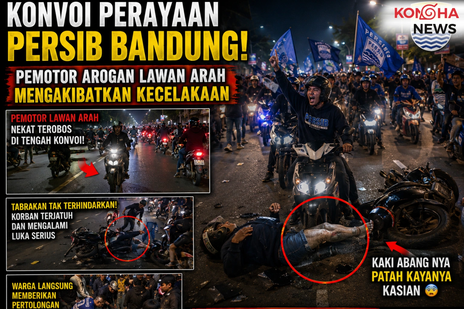 Konohanews – Konvoi Persib Berujung Kecelakaan, Pemotor Lawan Arah Diduga Jadi Penyebab!