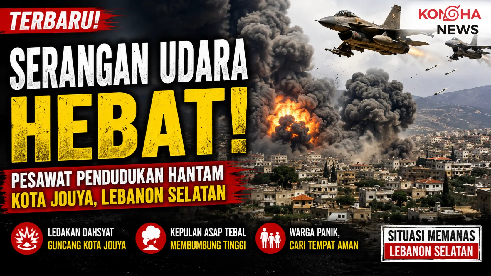 Konohanews – Serangan Udara Hebat Guncang Lebanon Selatan, Ledakan Besar Guncang Kota Jouya