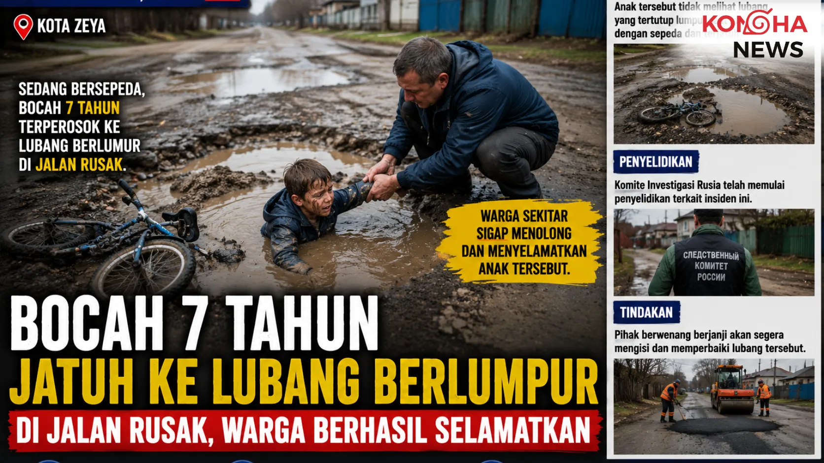 Konohanews – Bocah 7 Tahun Terperosok ke Lubang Berlumpur di Jalan Rusak, Warga Berhasil Menyelamatkan