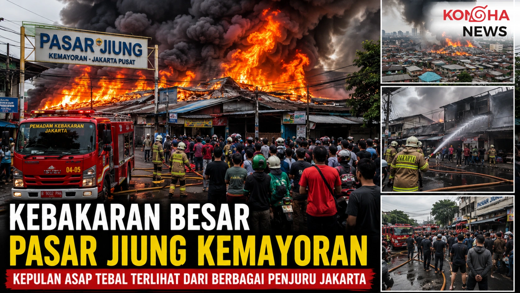 Konhanews – Kebakaran Hebat Melanda Pasar Jiung Kemayoran, Kepulan Asap Tebal Gegerkan Warga Jakarta