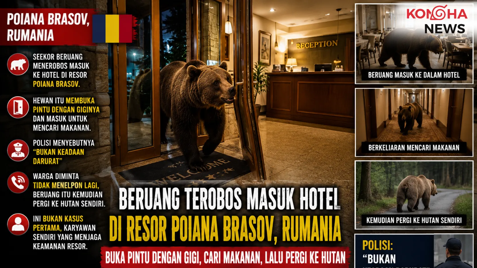 Konhanews – Beruang Nekat Masuk Hotel di Rumania, Buka Pintu Sendiri Demi Cari Makan
