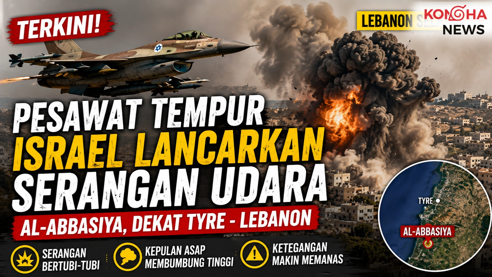Konohanews – Serangan Udara Israel Guncang Lebanon Selatan, Kota Al-Abbasiya Jadi Sasaran